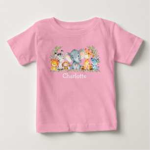 水彩サファリジャングルのかわいい赤ちゃん動物がピンク ベビーTシャツ
