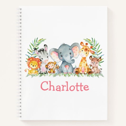 水彩サファリジャングルアニマルズピンクスケッチ ノートブック (正面)