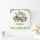 水彩サファリジャングルトロピカルアニマルズグリーン スクエア壁時計 (ホーム)