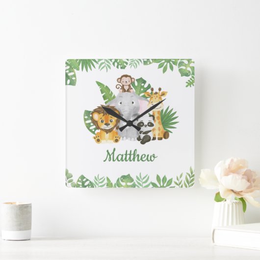 水彩サファリジャングルトロピカルアニマルズグリーン スクエア壁時計 (ホーム)