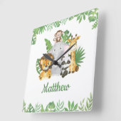 水彩サファリジャングルトロピカルアニマルズグリーン スクエア壁時計 (傾斜)