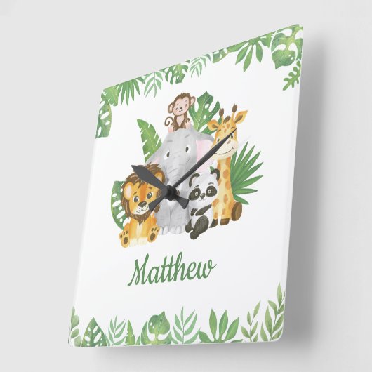 水彩サファリジャングルトロピカルアニマルズグリーン スクエア壁時計 (傾斜)