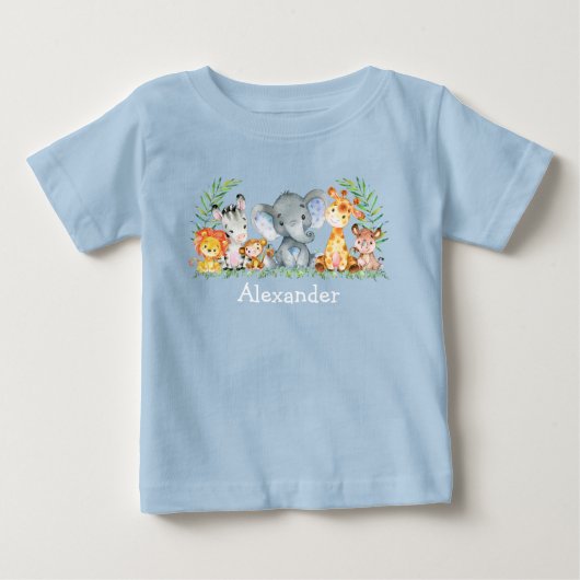 水彩サファリベビーアニマルブルー ベビーTシャツ (正面)