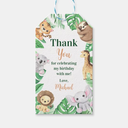 水彩サファリ動物の男の子の誕生日 ギフトタグ (正面)