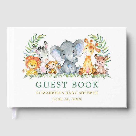 水彩サファリ動物グリーンベビーシャワー ゲストブック (正面)
