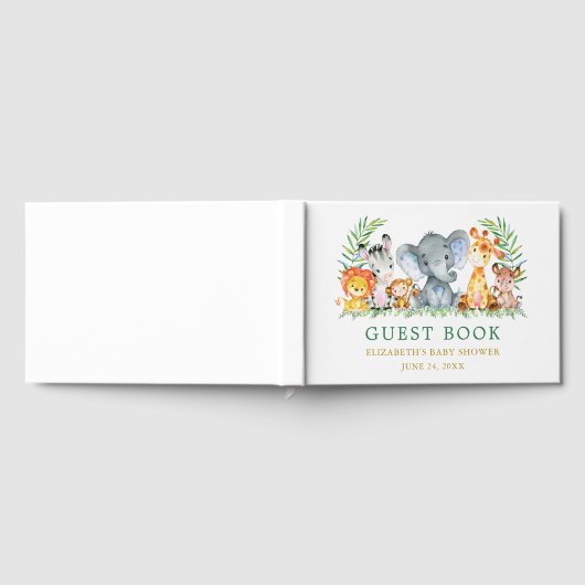 水彩サファリ動物グリーンベビーシャワー ゲストブック (全面)