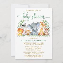 水彩サファリ動物シャワーグリーンスクリプト金ゴールド 招待状