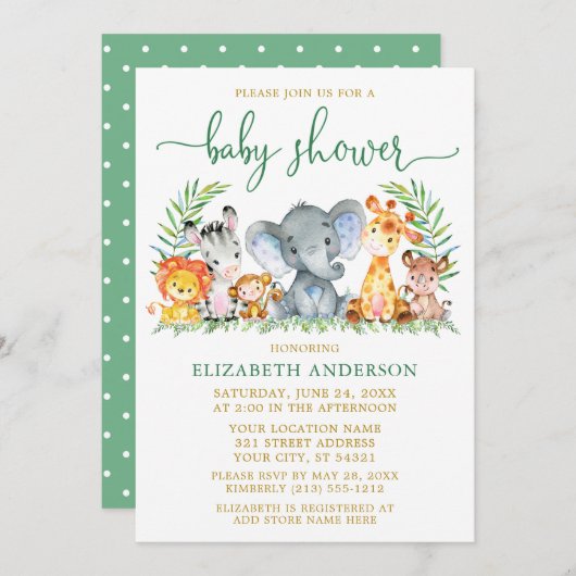 水彩サファリ動物シャワーグリーンスクリプト金ゴールド 招待状 (正面/裏面)