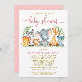 水彩サファリ動物シャワーピンクのスクリプト金ゴールド 招待状