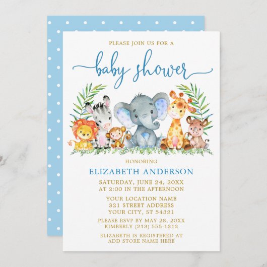 水彩サファリ動物シャワーブルースクリプト金ゴールド 招待状 (正面/裏面)