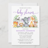 水彩サファリ動物パープルシャワードット 招待状 (正面)