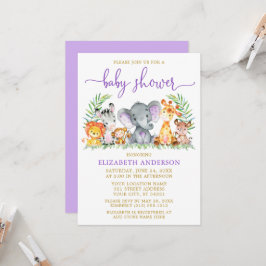 水彩サファリ動物パープルシャワー金ゴールド 招待状