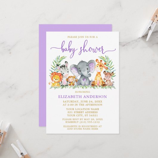 水彩サファリ動物パープルシャワー金ゴールド 招待状 (正面/裏面インサイチュ)