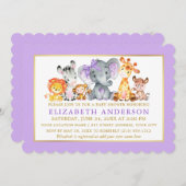 水彩サファリ動物パープルボウ赤ちゃんシャワー 招待状 (正面/裏面)