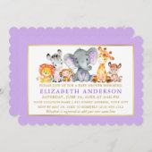 水彩サファリ動物パープル金ゴールド赤ちゃんシャワー 招待状 (正面/裏面)
