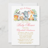 水彩サファリ動物ピンクのスクリプトベビーシャワー 招待状 (正面)