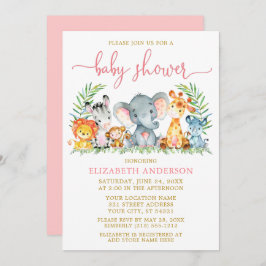 水彩サファリ動物ピンクスクリプトシャワー金ゴールド 招待状