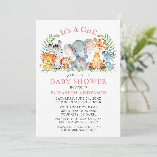 水彩サファリ動物ピンクドット赤ちゃんシャワー 招待状 (スタンド正面)