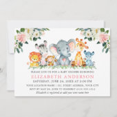 水彩サファリ動物ピンクホワイトフローラシャワー 招待状 (正面)