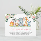 水彩サファリ動物ピンクホワイトフローラシャワー 招待状 (スタンド正面)