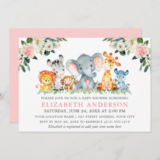 水彩サファリ動物ピンクホワイトフローラシャワー 招待状 (正面/裏面)