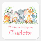 水彩サファリ動物ピンク蔵書票ラベル スクエアシール (正面)