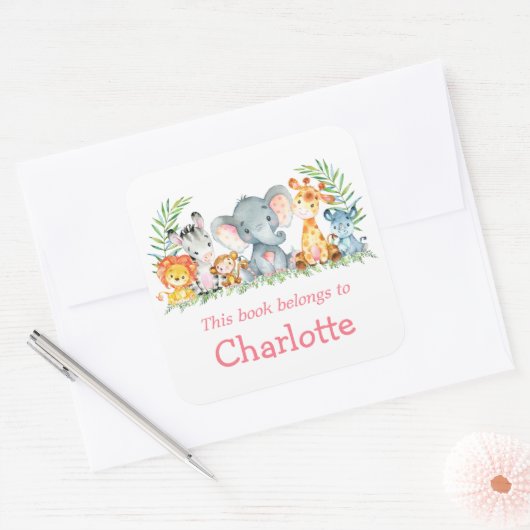 水彩サファリ動物ピンク蔵書票ラベル スクエアシール (封筒)