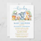 水彩サファリ動物ボーイシャワーブルー金ゴールド 招待状 (正面)