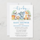 水彩サファリ動物ボーイブルースクリプトシャワー 招待状 (正面)