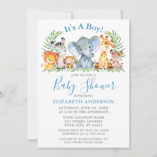 水彩サファリ動物水玉模様ブルーシャワー 招待状 (正面)