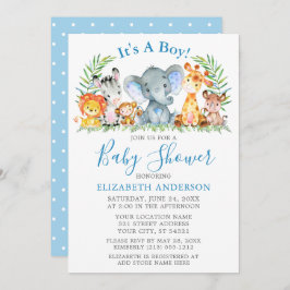 水彩サファリ動物水玉模様ブルーシャワー 招待状