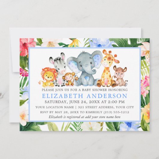 水彩サファリ動物熱帯青シャワー 招待状 (正面)