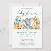 水彩サファリ動物赤ちゃんシャワーグリーンスクリプト 招待状 (正面)