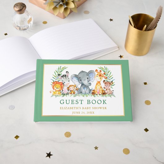 水彩サファリ動物赤ちゃんシャワーグリーン ゲストブック (正面見開き)