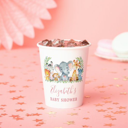 水彩サファリ動物赤ちゃんシャワーピンク 紙コップ (インサイチュ)