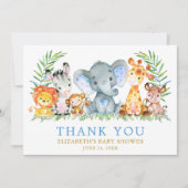 水彩サファリ動物赤ちゃんシャワーブルー金ゴールド サンキューカード (正面)