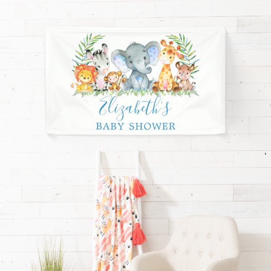 水彩サファリ動物赤ちゃんシャワーブルー 横断幕 (インサイチュ)