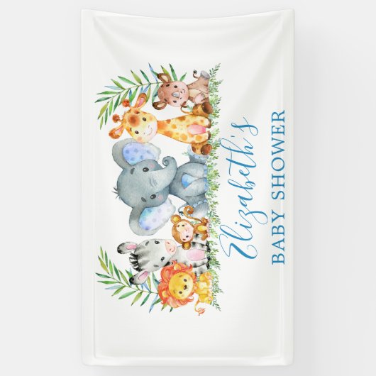 水彩サファリ動物赤ちゃんシャワーブルー 横断幕 (縦)