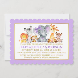 水彩サファリ動物 パープルリボン ベビーシャワー 招待状