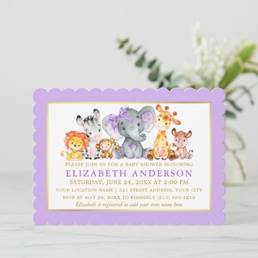 水彩サファリ動物 パープルリボン ベビーシャワー 招待状 (スタンド正面)