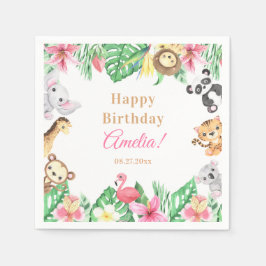 水彩サファリ動物 ピンクの花の女の子 スタンダードカクテルナプキン