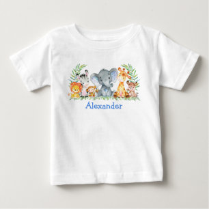 水彩サファリ ベイビーアニマル 青いゾウ ベビーTシャツ