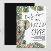 水彩サファリ ワイルドワン ベイビーゾウ 誕生日 招待状 (正面/裏面)