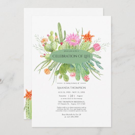 水彩サボテンお祝いの写真 招待状 (正面/裏面)