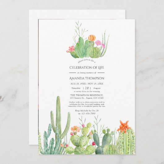 水彩サボテンお祝いの写真 招待状 (正面/裏面)