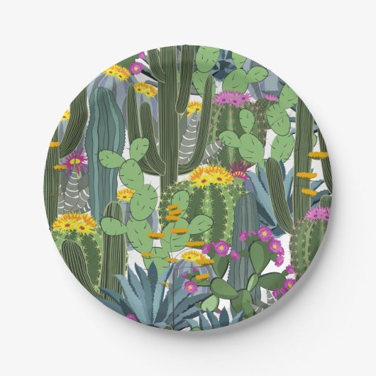 水彩サボテンとサボテンの花  ペーパープレート (正面)