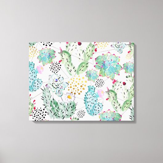 水彩サボテンと三角形パターン キャンバスプリント (正面)