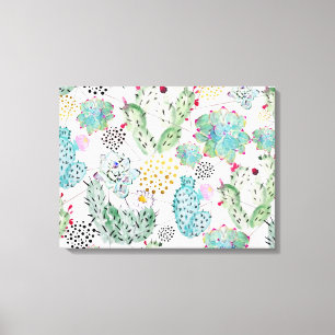 水彩サボテンと三角形パターン キャンバスプリント