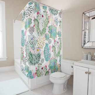 水彩サボテンと三角形パターン シャワーカーテン