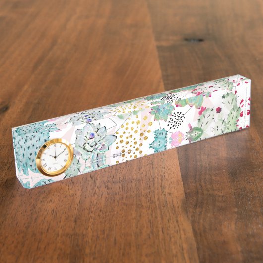 水彩サボテンと三角形パターン デスクネームプレート (側面)